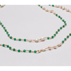 Extra Long Gold Chain Necklace with Pearl and Green Onyx