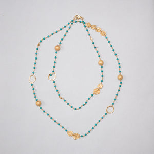 Long Gold Chain Necklace with Green Turquoise Beads