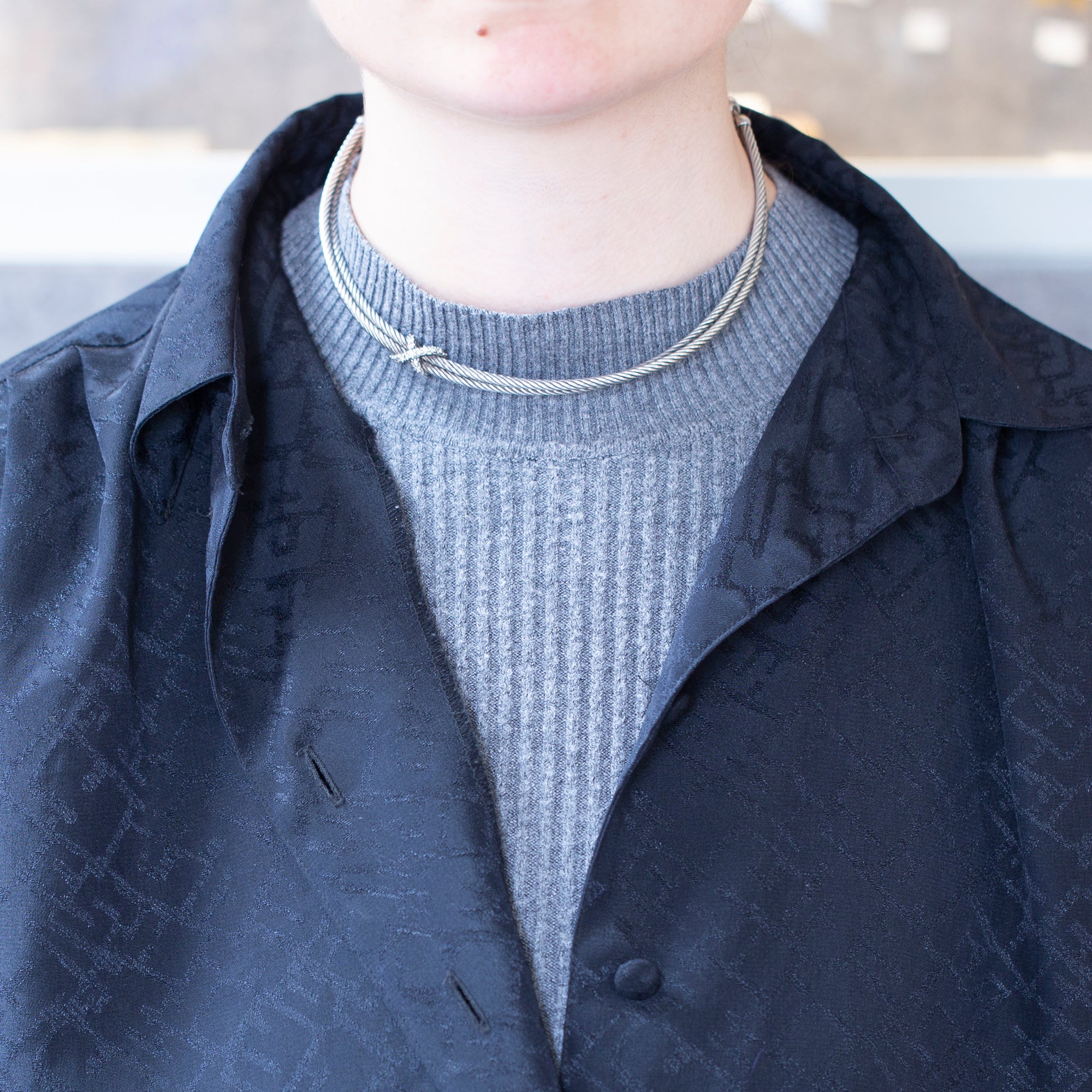 Vintage Cable Silver Choker Necklace with Diamonds