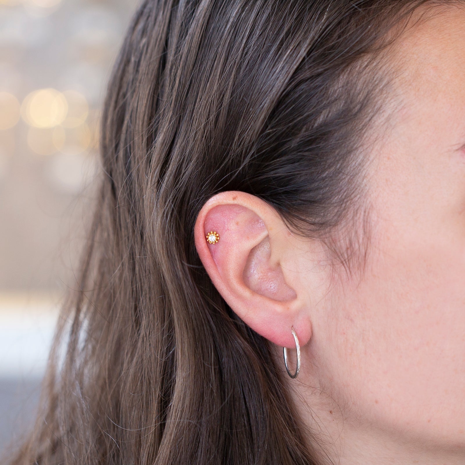 Gold-plated Flower Stud Cartilage Earrings with Cubic Zirconia