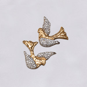 Vintage Pair of Gold Birds Brooches with Rhinestones