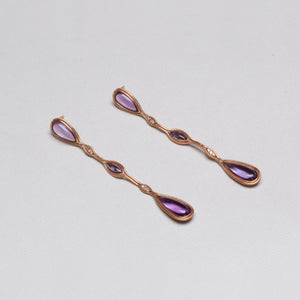 Rose Gold Long Drop Earrings with Amethyst & Brown Diamonds