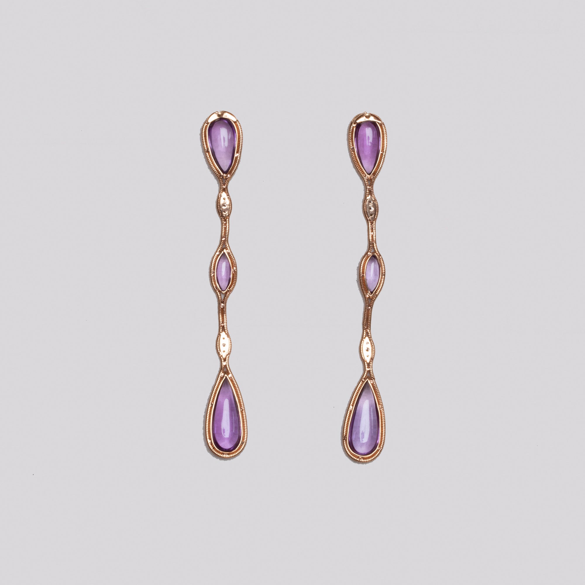 Rose Gold Long Drop Earrings with Amethyst & Brown Diamonds