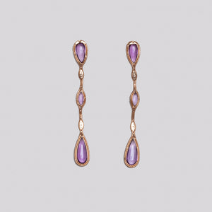 Rose Gold Long Drop Earrings with Amethyst & Brown Diamonds