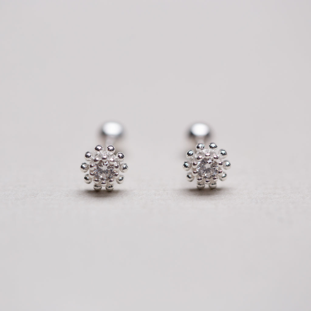 Silver Flower Stud Cartilage Earrings with Cubic Zirconia