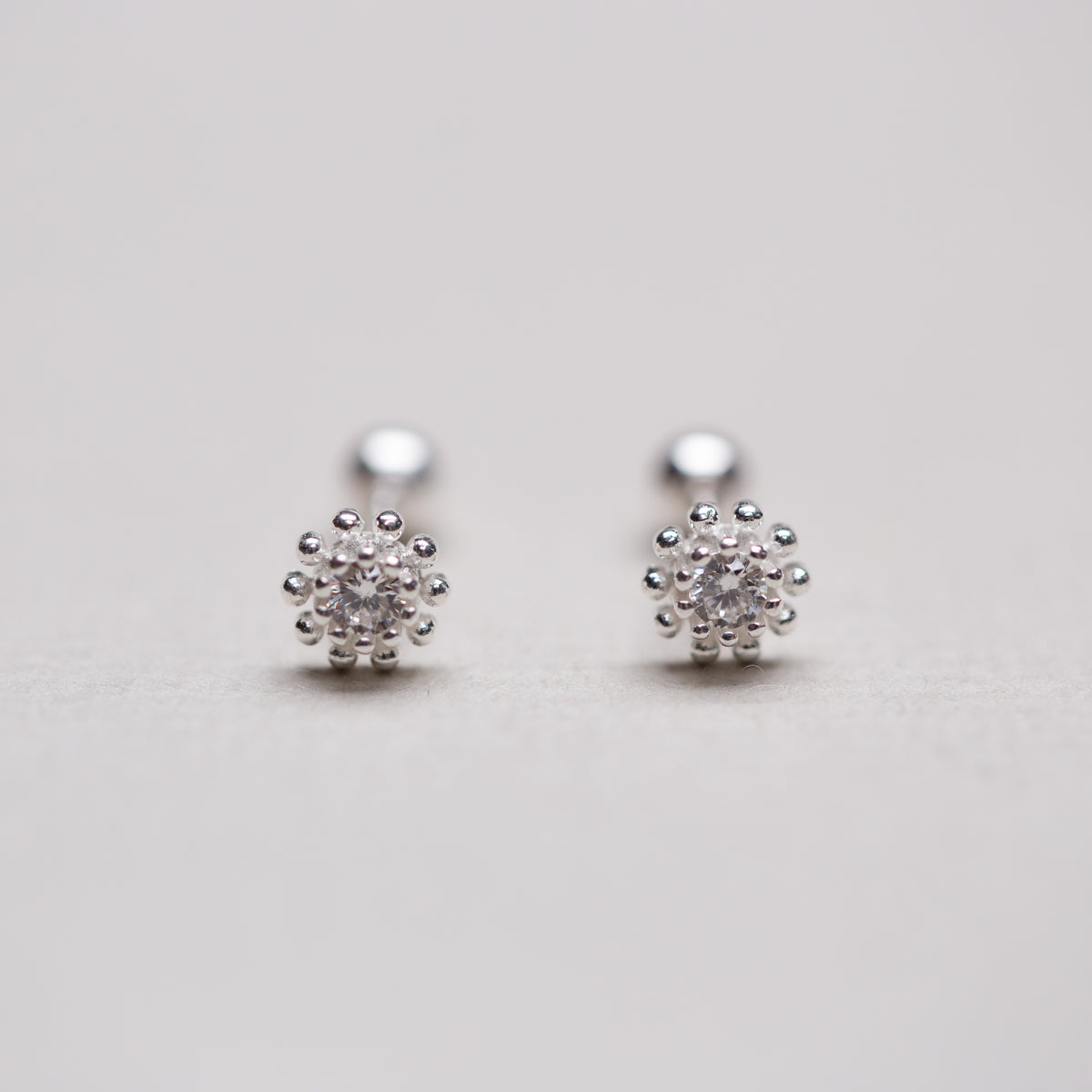 Silver Flower Stud Cartilage Earrings with Cubic Zirconia