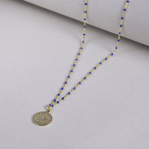 Coin Pendant Necklace with Gold Chain and Blue Beads