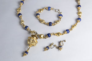 Complete Set of Vintage Costume Gold Necklace, Bracelet and Earrings with Lapis