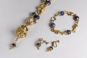 Complete Set of Vintage Costume Gold Necklace, Bracelet and Earrings with Lapis