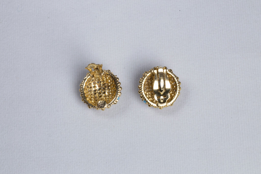 Vintage Gold Clip-on Earrings with Red Rhinestones and Blue Beads