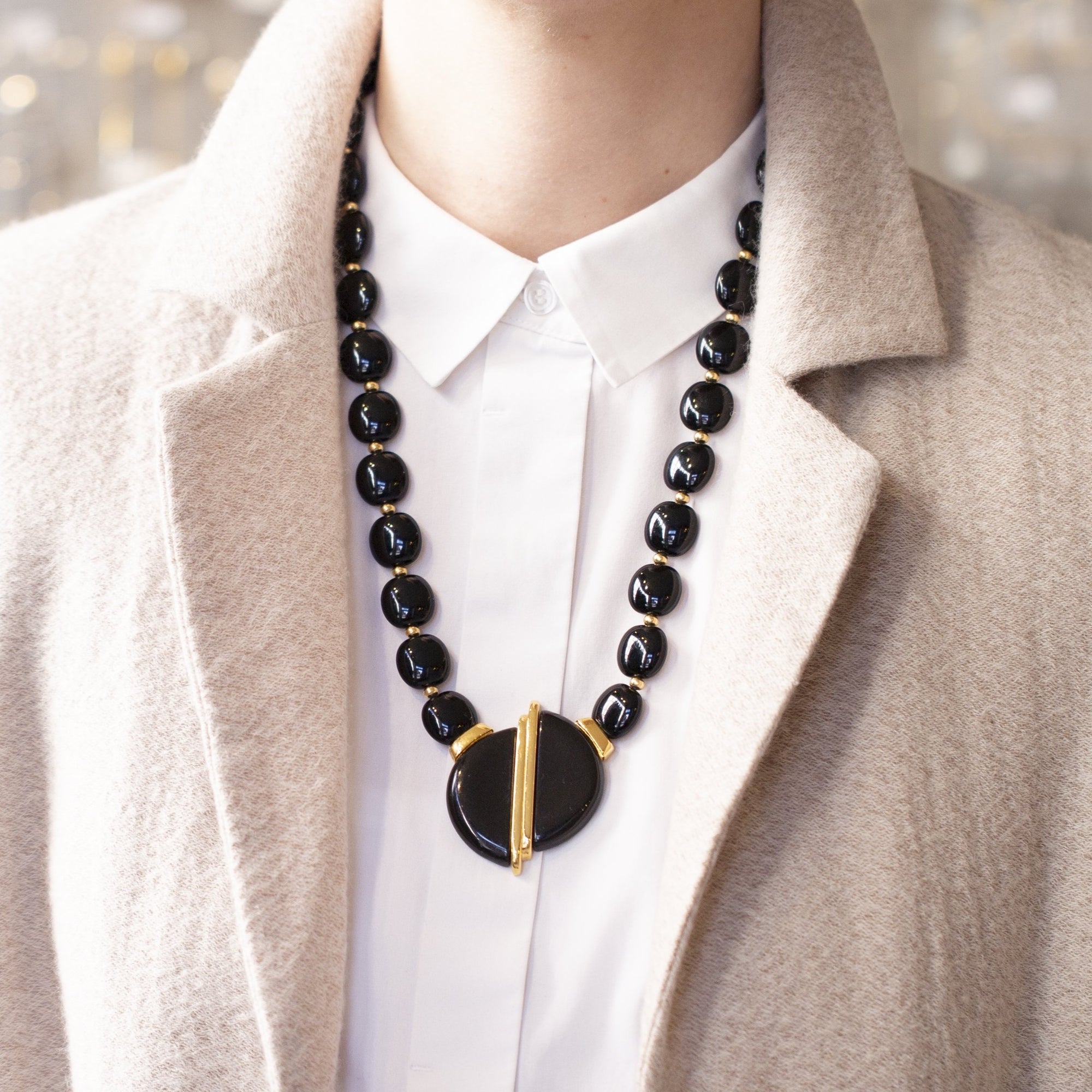 Vintage Black Enamel Pendant Necklace