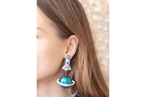 Earth and Rocket Clip-on Earrings