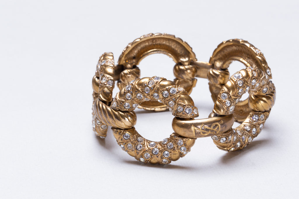 Vintage YSL Gold Link Bracelet with Rhinestone