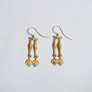 22ct Gold and Turquoise Fish Drop Earrings