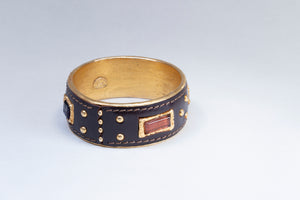 Set of Vintage Leather and Gold Cuff Bracelet and Earrings