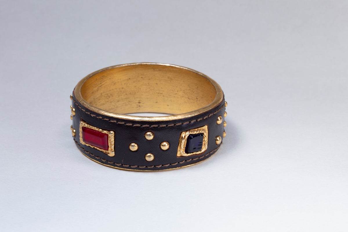 Set of Vintage Leather and Gold Cuff Bracelet and Earrings