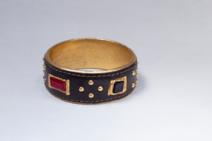 Set of Vintage Leather and Gold Cuff Bracelet and Earrings