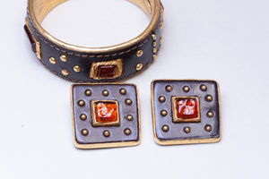 Set of Vintage Leather and Gold Cuff Bracelet and Earrings