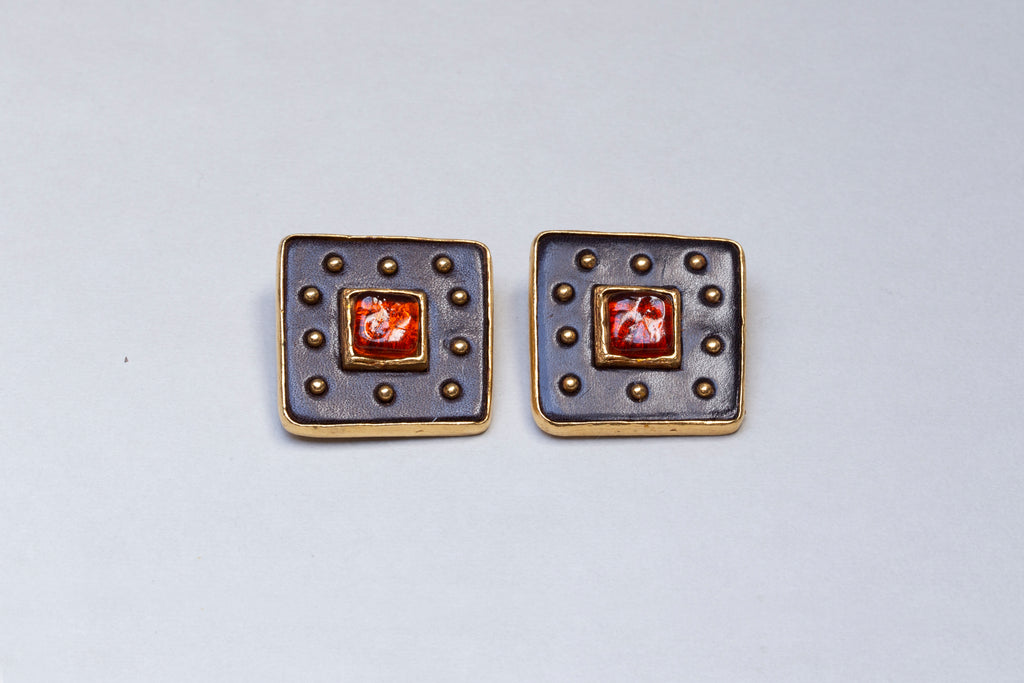 Set of Vintage Leather and Gold Cuff Bracelet and Earrings