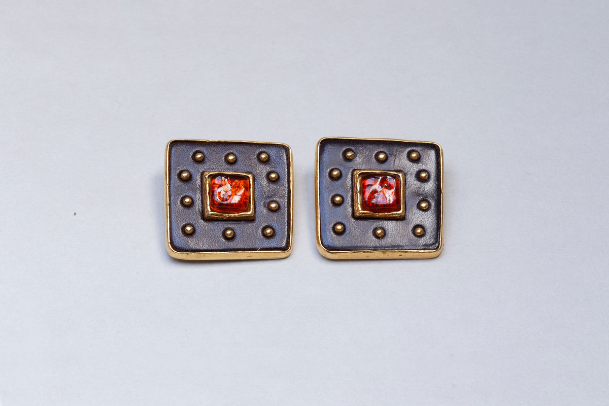 Set of Vintage Leather and Gold Cuff Bracelet and Earrings