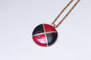 Vintage Black and Red Leather Pendant with Brass Chain