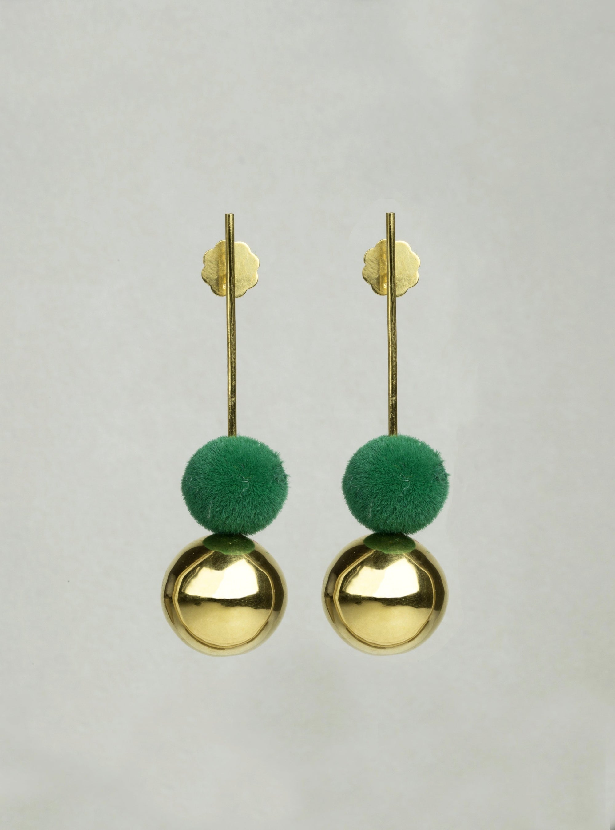 Drop Earrings with Gold Orb and Green Pompom