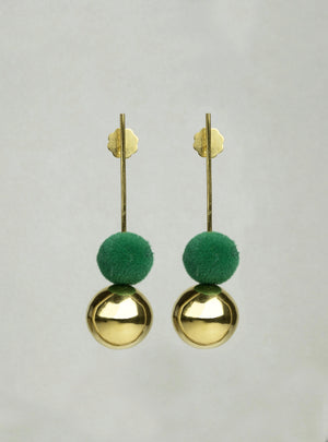 Drop Earrings with Gold Orb and Green Pompom