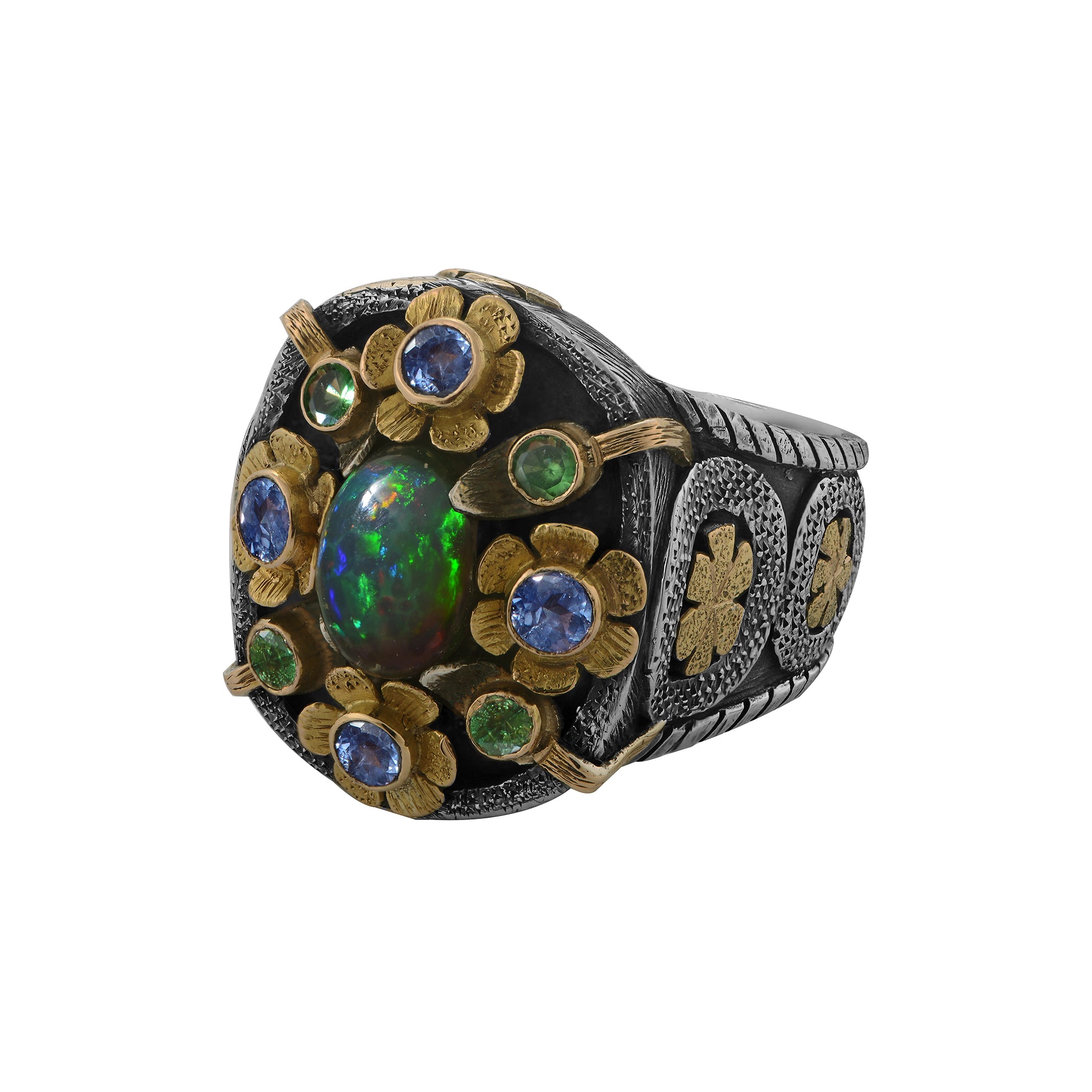 18ct Gold and Silver Ring with Opal and Blue Sapphire