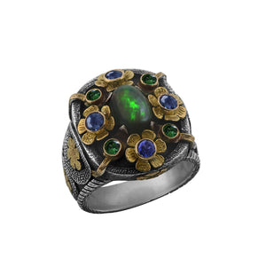 18ct Gold and Silver Ring with Opal and Blue Sapphire