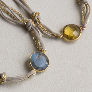 real stones - labradorite and lemon quartz set in gold plated bezel setting